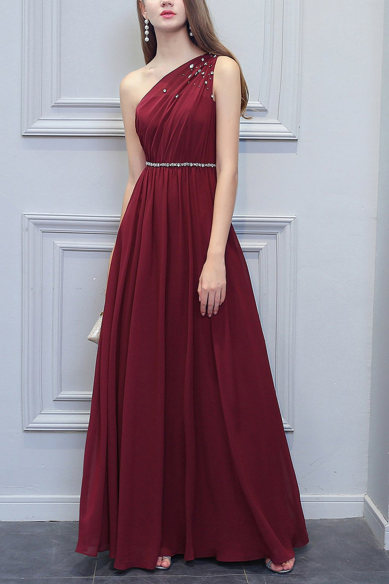 Load image into Gallery viewer, One Shoulder Long Chiffon Bridesmaid Dress With Beading