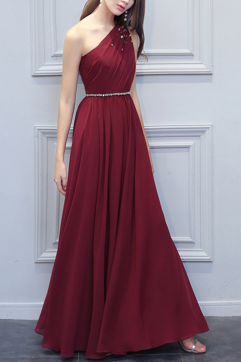 Load image into Gallery viewer, One Shoulder Long Chiffon Bridesmaid Dress With Beading