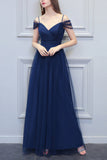 A-line V-neck Long Tulle Bridesmaid Dress