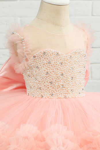 Pink Beading Tulle Flower Girl Dress with Bow
