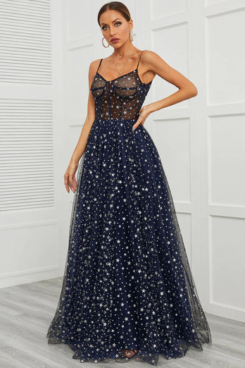 Spaghetti Straps Navy Long Formal Dress with Star