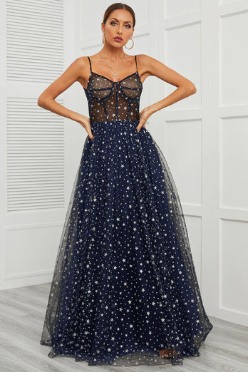 Spaghetti Straps Navy Long Formal Dress with Star