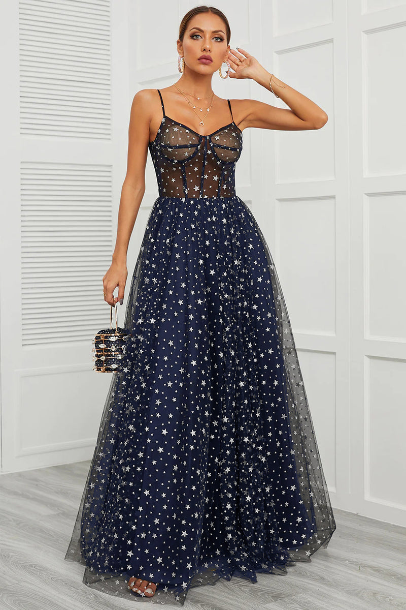 Load image into Gallery viewer, Spaghetti Straps Navy Long Formal Dress with Star