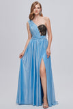 Blue One Shoulder Ruched Long Formal Dress with Appliques