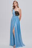 Blue One Shoulder Ruched Long Formal Dress with Appliques