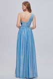 Blue One Shoulder Ruched Long Formal Dress with Appliques