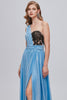 Load image into Gallery viewer, Blue One Shoulder Ruched Long Formal Dress with Appliques