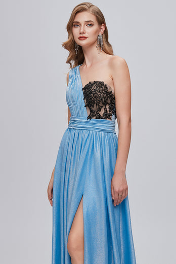 Blue One Shoulder Ruched Long Formal Dress with Appliques