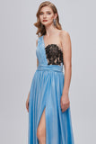 Blue One Shoulder Ruched Long Formal Dress with Appliques