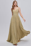 Golden Ruched A-Line Long Formal Dress