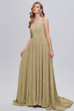 Golden Ruched A-Line Long Formal Dress