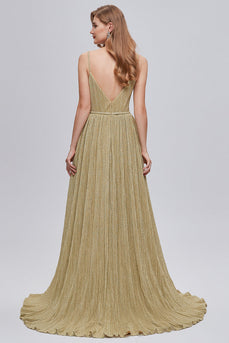 Golden Ruched A-Line Long Formal Dress