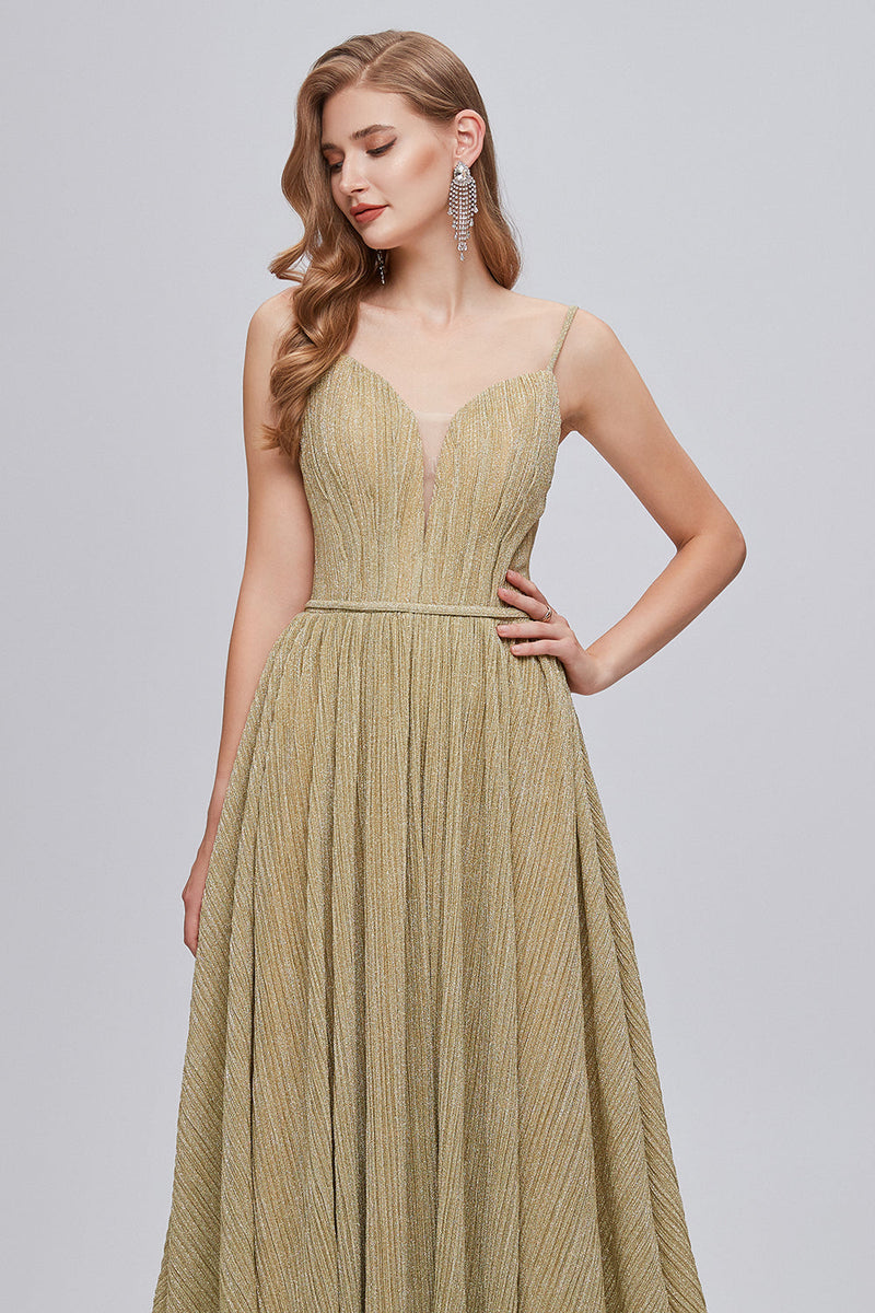 Load image into Gallery viewer, Golden Ruched A-Line Long Formal Dress