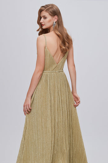 Golden Ruched A-Line Long Formal Dress