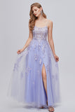 Lavender Spaghetti Straps Appliques Long Formal Dress with Slit