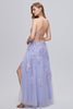 Load image into Gallery viewer, Lavender Spaghetti Straps Appliques Long Formal Dress with Slit