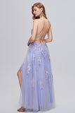 Lavender Spaghetti Straps Appliques Long Formal Dress with Slit