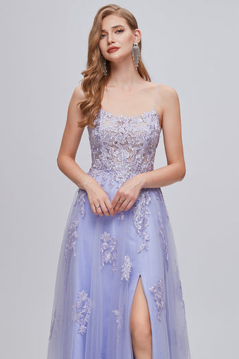 Lavender Spaghetti Straps Appliques Long Formal Dress with Slit