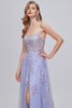 Load image into Gallery viewer, Lavender Spaghetti Straps Appliques Long Formal Dress with Slit