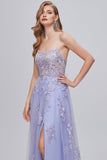 Lavender Spaghetti Straps Appliques Long Formal Dress with Slit