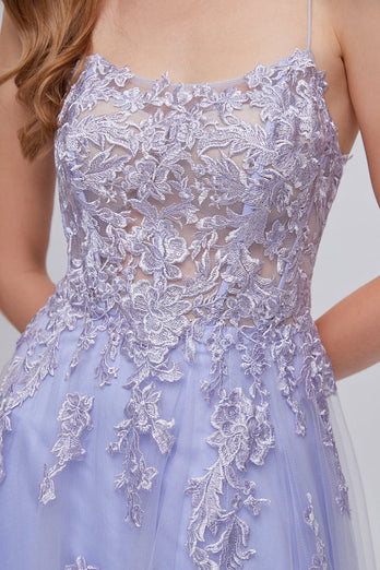 Lavender Spaghetti Straps Appliques Long Formal Dress with Slit