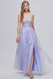 Lavender Spaghetti Straps Appliques Long Formal Dress with Slit