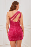 Rose Pink One Shoulder Sequins Tight Cocktail Dress