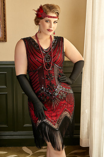 Red Sequin Plus Size 1920s Dress with Fringes