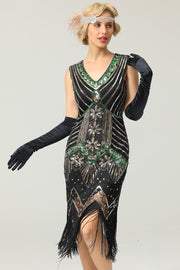 Black Glitter Fringe 1920s Flapper Dress