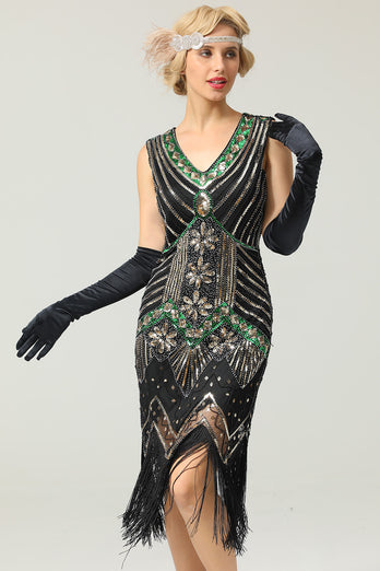 Zapaka AU Gatsby Dress Black and Gold V Neck Sleeveless Sequins Glitter ...