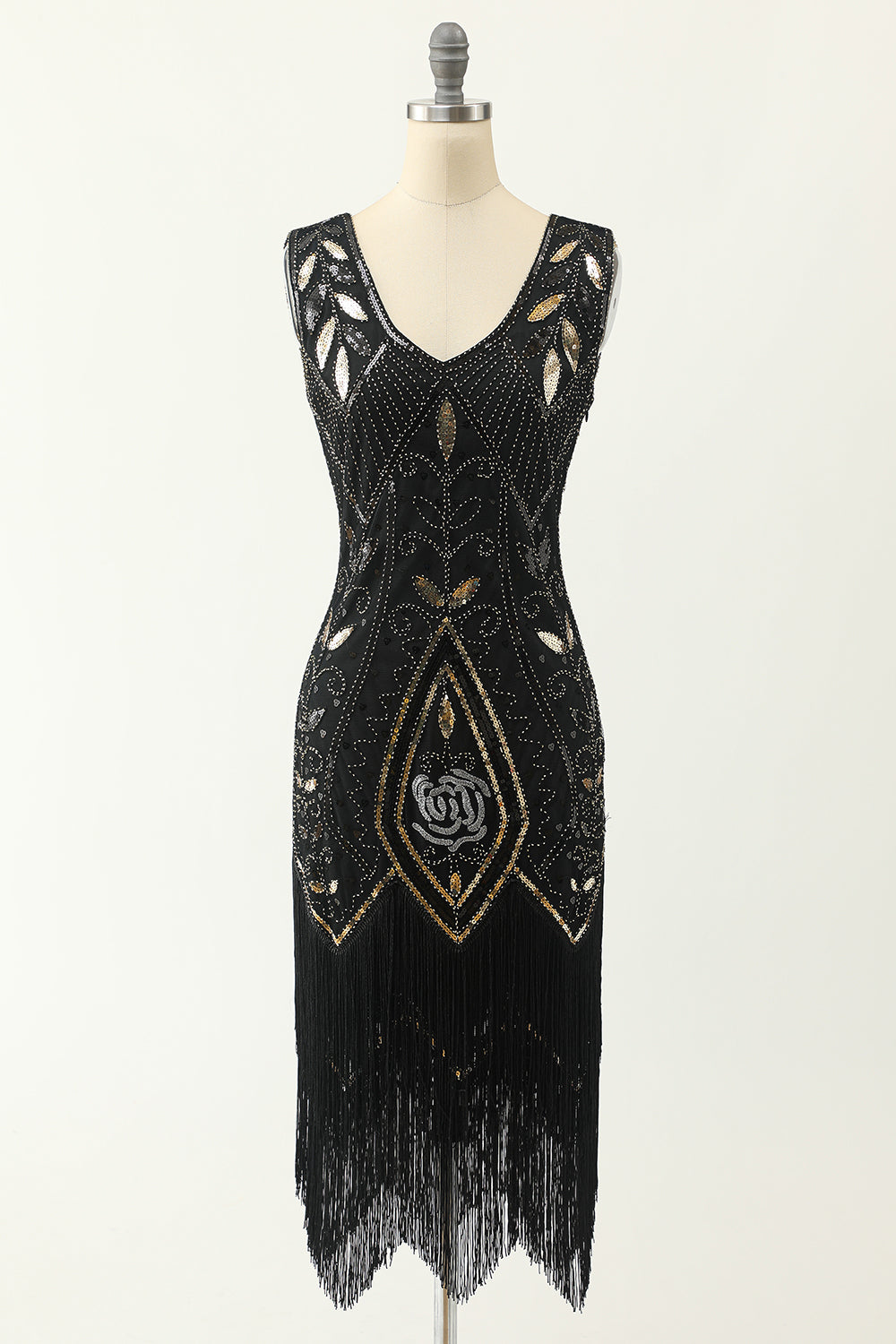 Black Sequins V-neck Glitter Fringe 1920s Dress