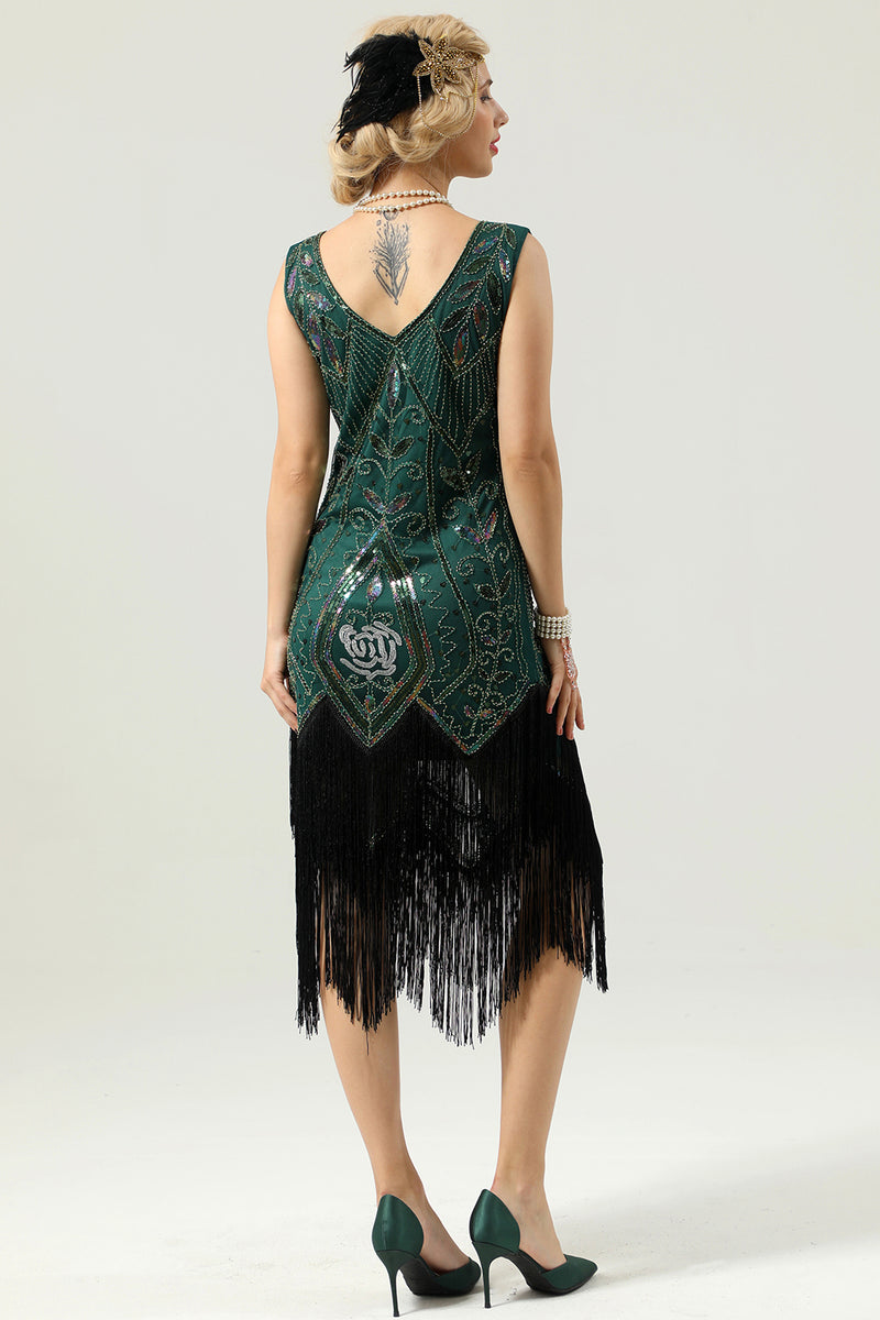 Load image into Gallery viewer, Dark Green Beaded Glitter Fringe 1920s Flapper Dress