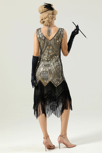 Ivory V Neck Sequin Fringe Flapper Dress