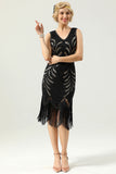 Women Black 1920s Fringe Gold Sequin Dress