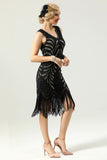 Women Black 1920s Fringe Gold Sequin Dress