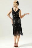 Women Black 1920s Fringe Gold Sequin Dress