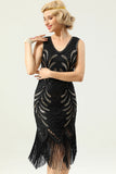 Women Black 1920s Fringe Gold Sequin Dress