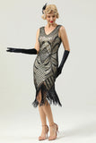 Women Black 1920s Fringe Gold Sequin Dress