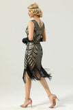 Women Black 1920s Fringe Gold Sequin Dress