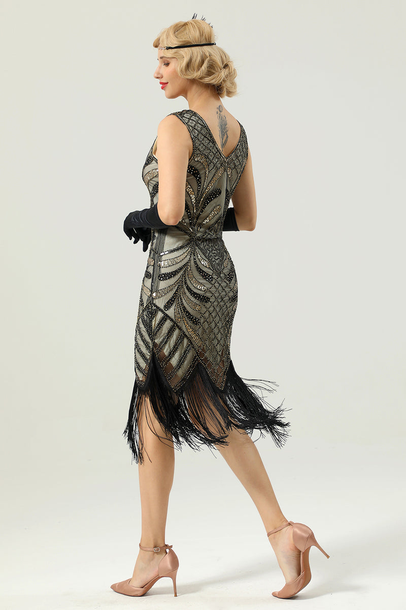 Load image into Gallery viewer, Women Gold 1920s Fringe Sequin Dress
