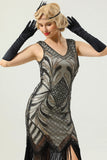 Women Black 1920s Fringe Gold Sequin Dress