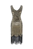 Gold V Neck 1920s Fringe Sequin Flapper Dress