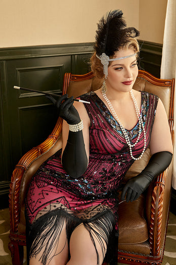 Plus Size V-Neck Fuchsia 1920s Flapper Dress