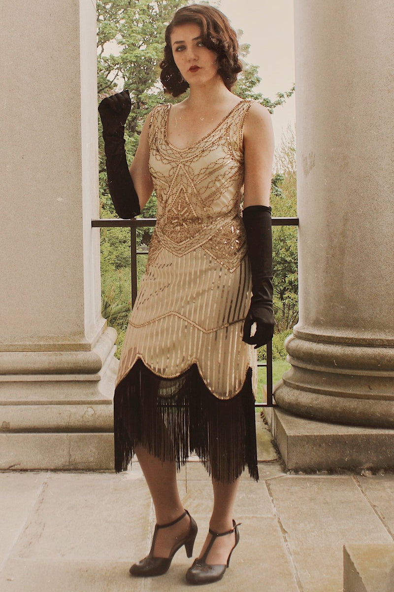 Load image into Gallery viewer, 1920s Champagne Fringe Sequins Dress