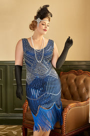 Royal Blue Plus Size 1920s Dress With Fringes