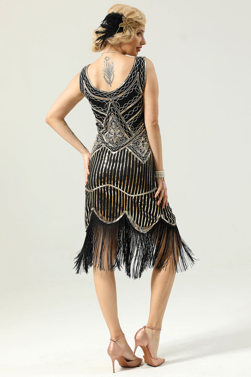 Load image into Gallery viewer, Red and Black Deep V Neck Flapper 1920s Dress