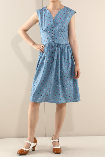 Blue 1950s Button Plaid Swing Dress
