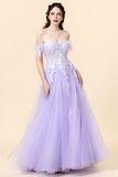 A Line Spaghetti Straps Detachable Long Purple Formal Dress with Appliques