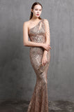 Gold Mermaid One Shoulder Sequin Prom Dresses