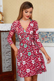 Red Floral Leaf Print Wrap Dress